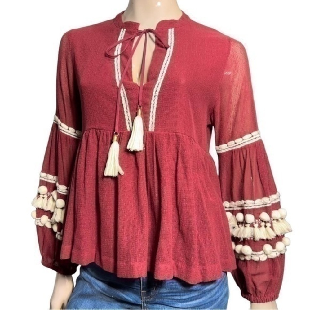Antropologie Vineet Bahl Size S Burgundy White Nisha Pom Pom Peasant Cotton Top